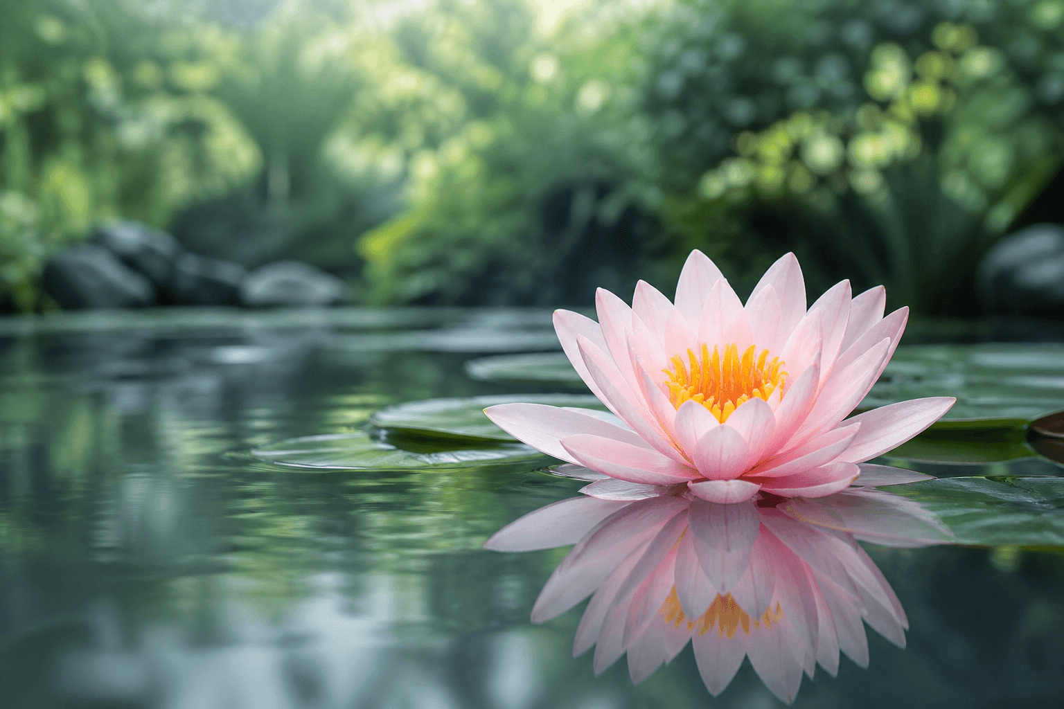 A pale pink lotus flower reflected on calm pond water, surrounded by soft green foliage