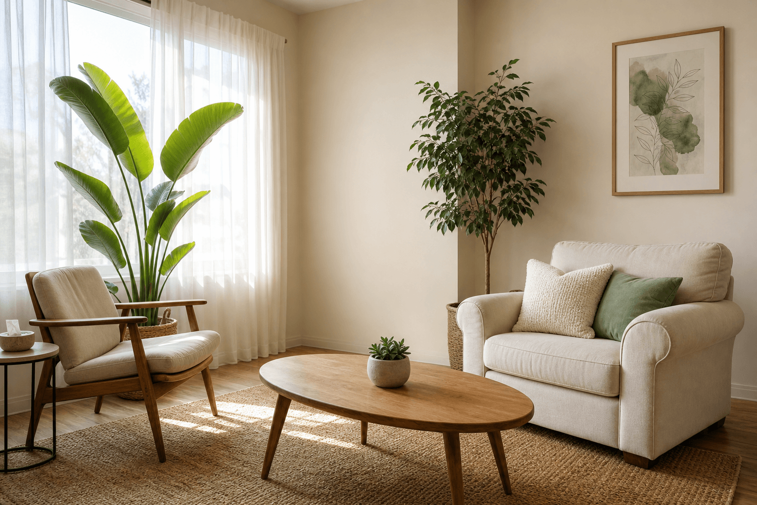 A bright, calm therapy room with a single beige armchair by a sunlit window and plants