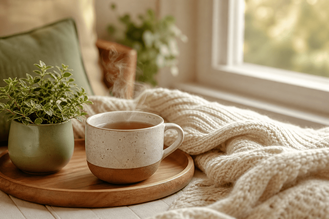 A warm cup of tea beside a green plant by a bright window