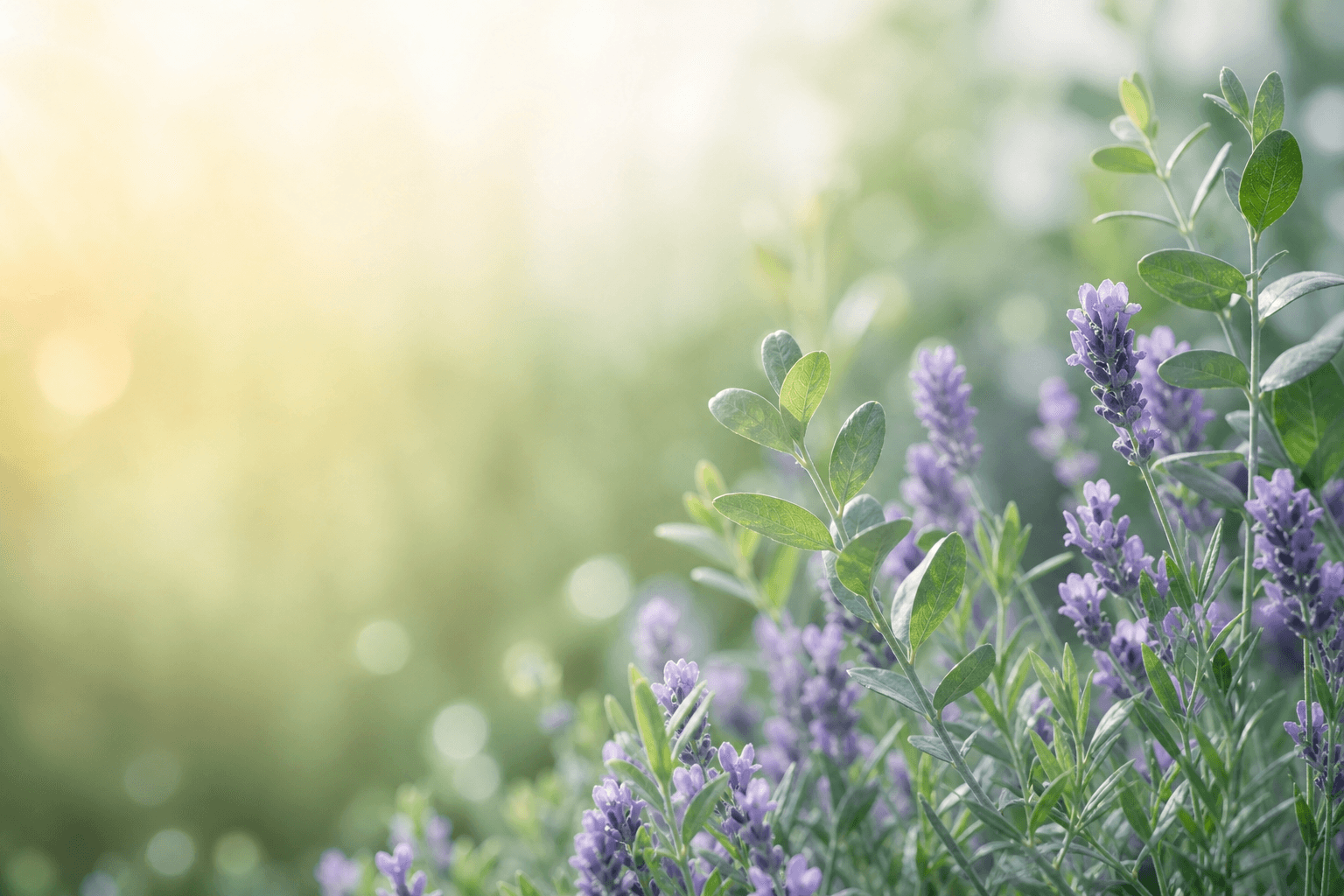 Soft lavender flowers and fresh green foliage in gentle morning light