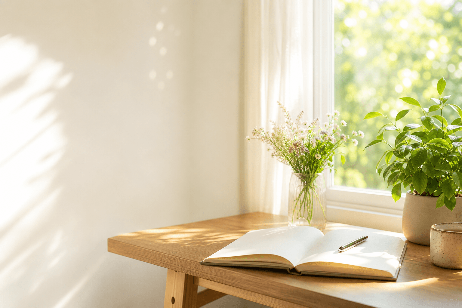A sunlit desk by a window with an open journal, wildflowers and a plant