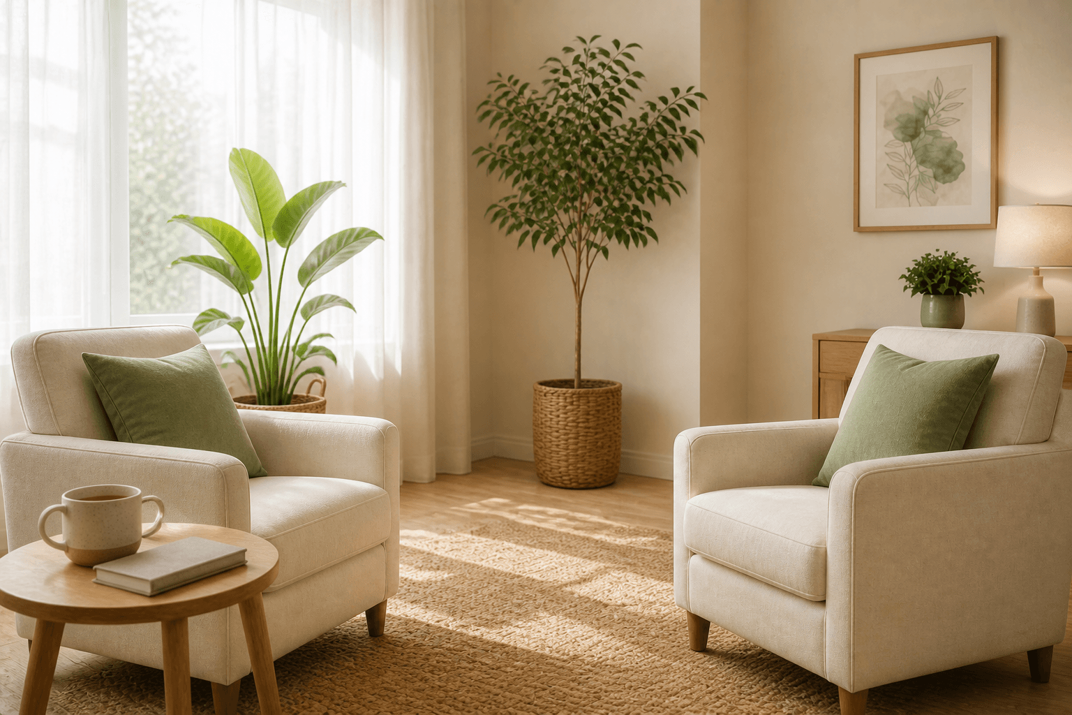 Two soft cream armchairs with sage cushions set for a calm consultation conversation